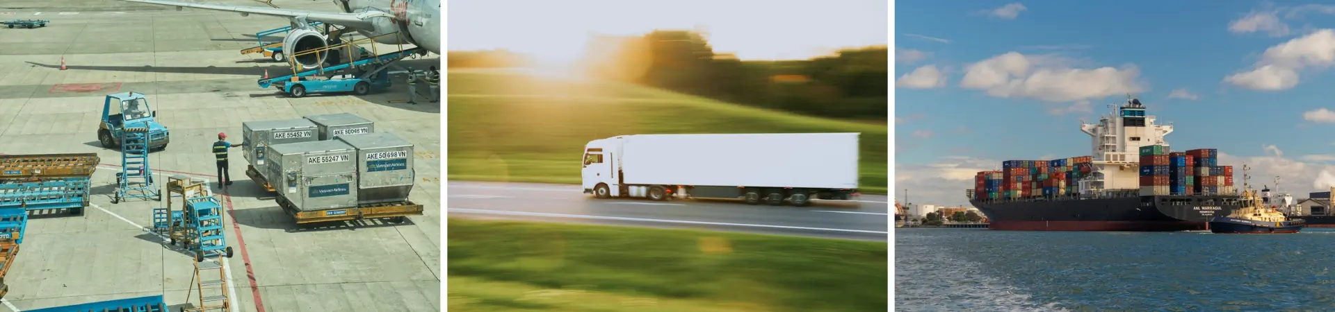 A banner header image featuring air freighting, captured by Kent Lam, road freight, captured by Artum Balashevsky,and sea freight, captured by John Simmons.