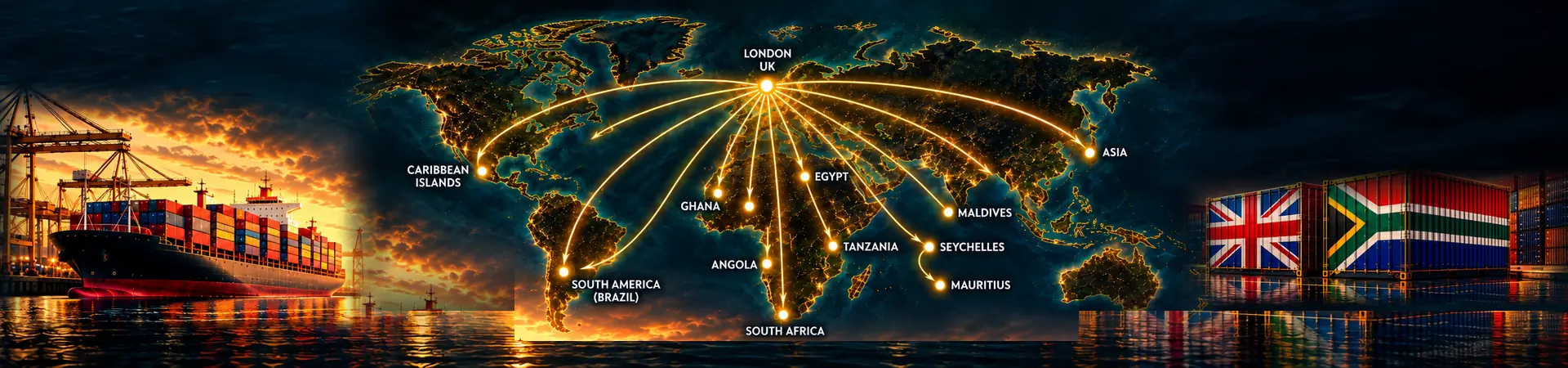 A world map highlighting various locations with glowing lines connecting to London, UK. Locations include Caribbean Islands, Ghana, Angola, South America (Brazil), South Africa, Namibia, Tanzania, Seychelles, Maldives, Egypt, Mauritius, and Asia. On the l