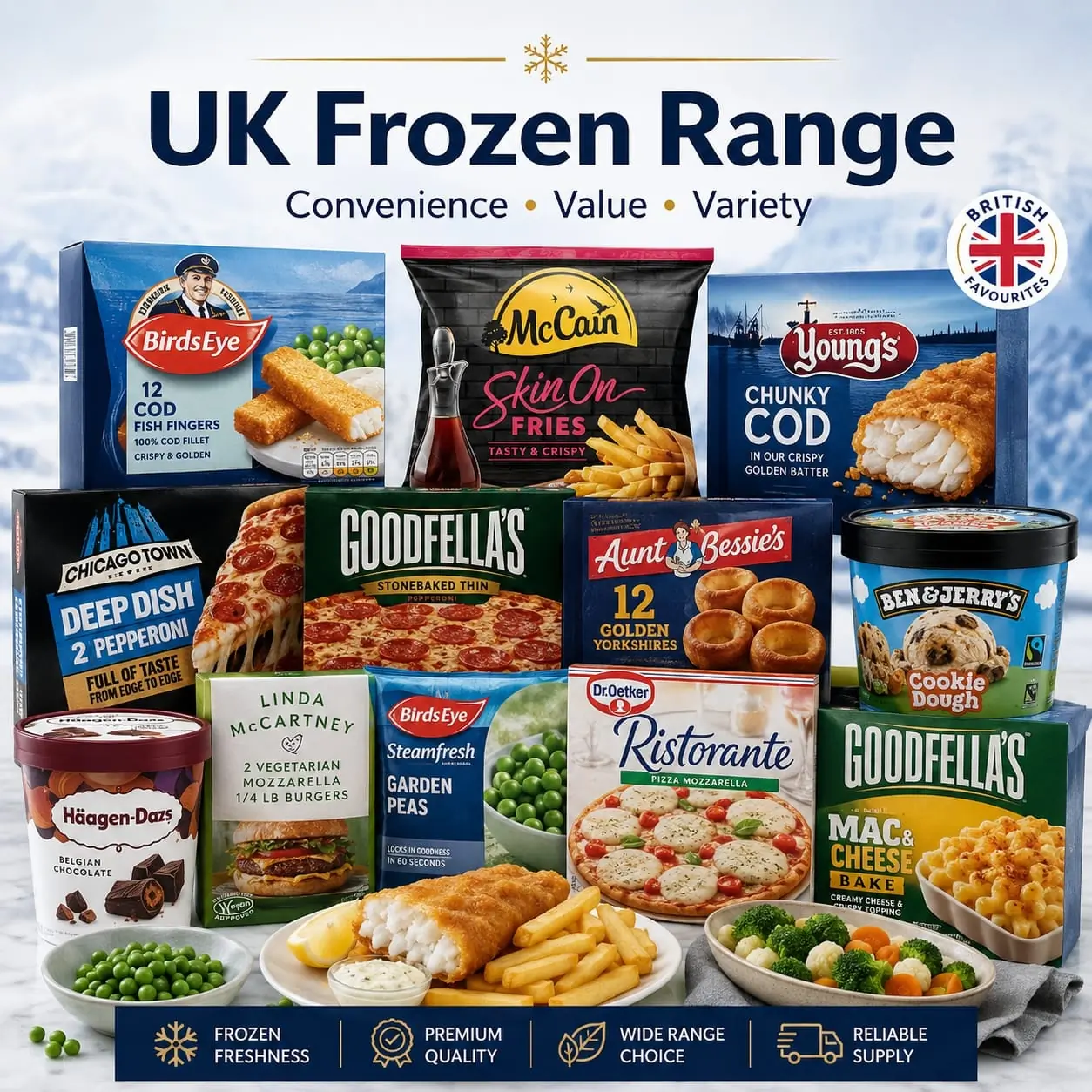 Frozen food selection of various frozen items like frozen pizza, frozen fish, ice cream and plant-based foods. Frozen food selection of various frozen items like frozen pizza, frozen fish, ice cream and plant-based foods.