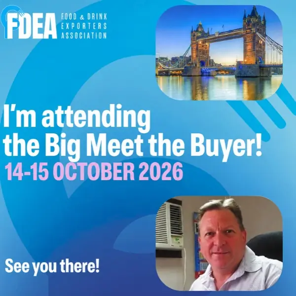 Peter Meiring's LinkedIn post noting that his attendance at the FDEA Meet the Buyer event in London. Peter is seated at his desk in a white shirt. The FDEA and TG International logos are visible. Peter Meiring's LinkedIn post noting that his attendance at the FDEA Meet the Buyer event in London. Peter is seated at his desk in a white shirt. The FDEA and TG International logos are visible.